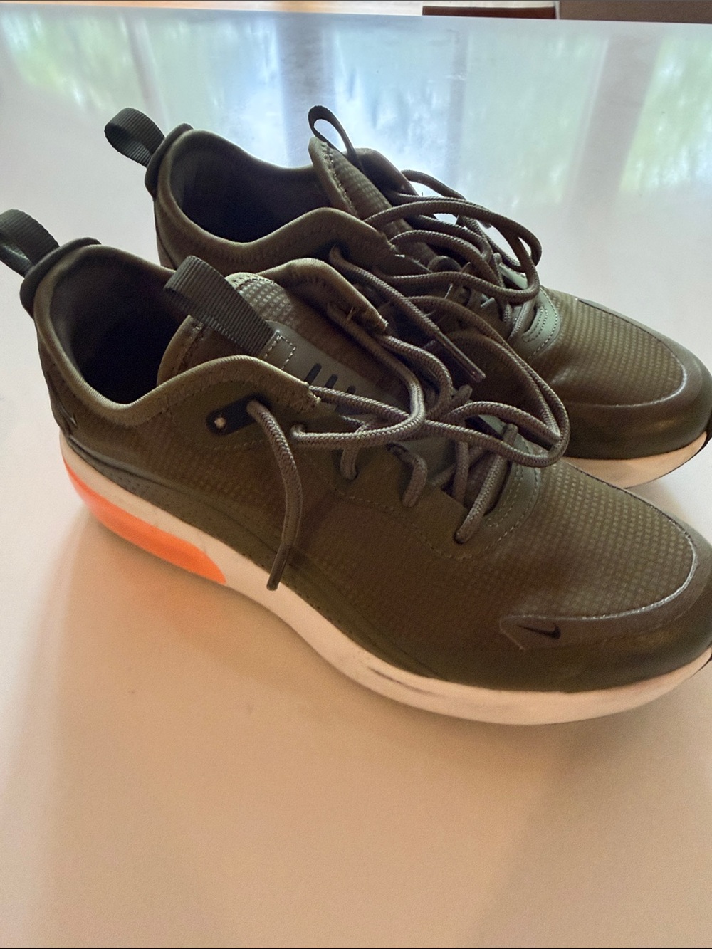 Women’s Olive Green Athletic Sneakers with White Sole and Orange Accent